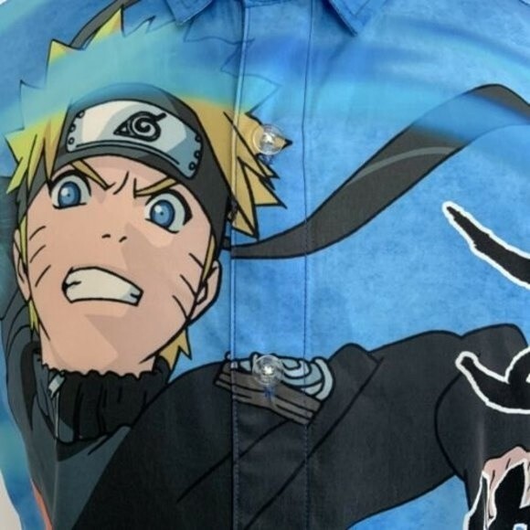 Naruto Shippuden Shirt Men Size M Blue Group Woven Button-up Japanese Text - Picture 4 of 8